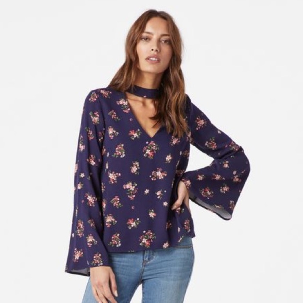 NEW JustFab Floral Bell Sleeve Choker Blouse
